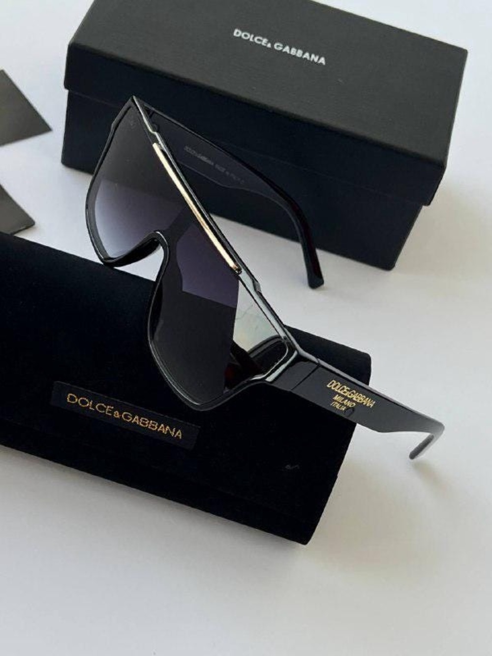 Dolce & Gabbana Black Shield Sunglasses with Gold Accents